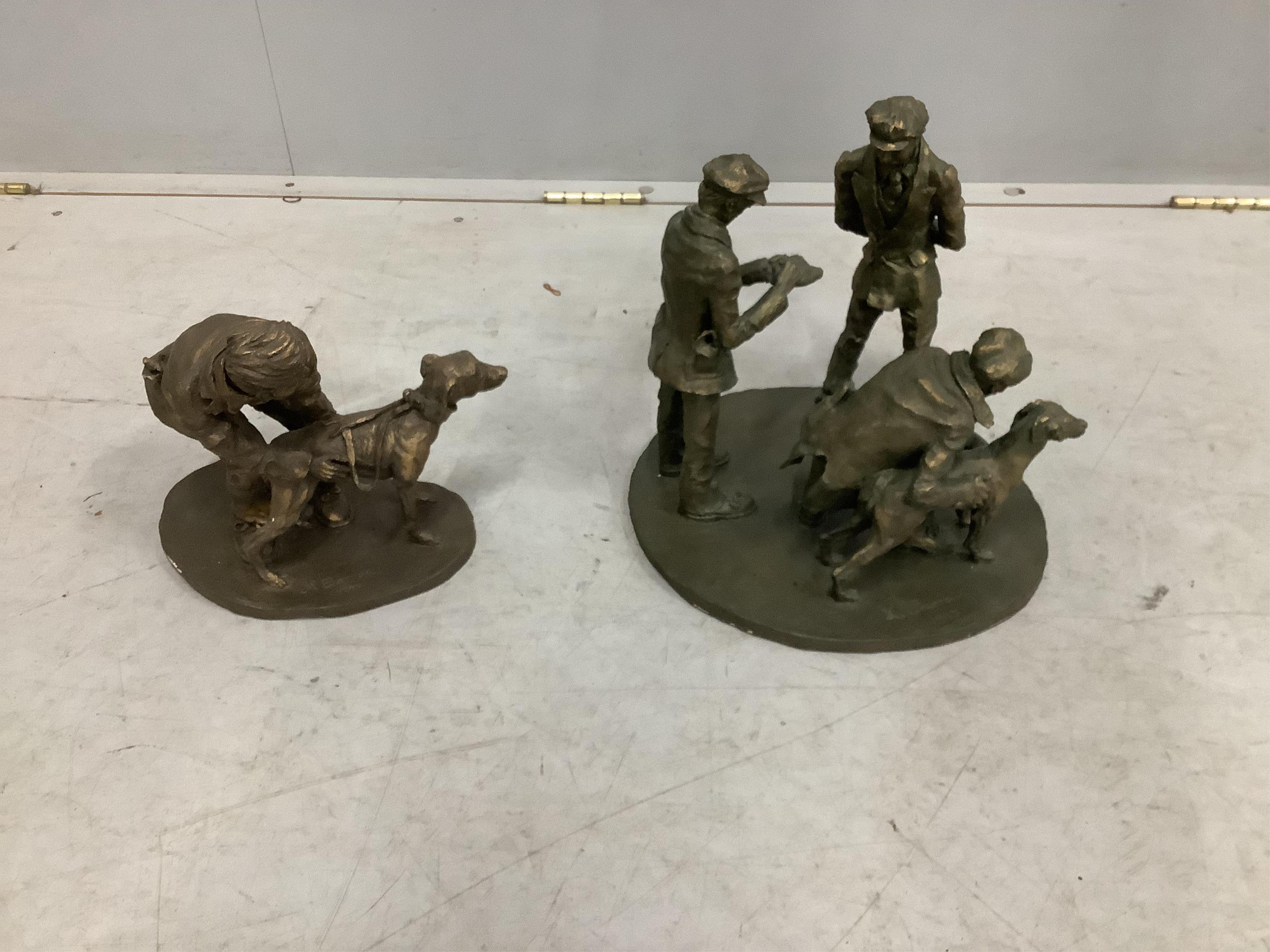 Norman Barrow (Modern British) two bronzed composition sculptures, figures with greyhounds, larger 28cm high. Condition - fair